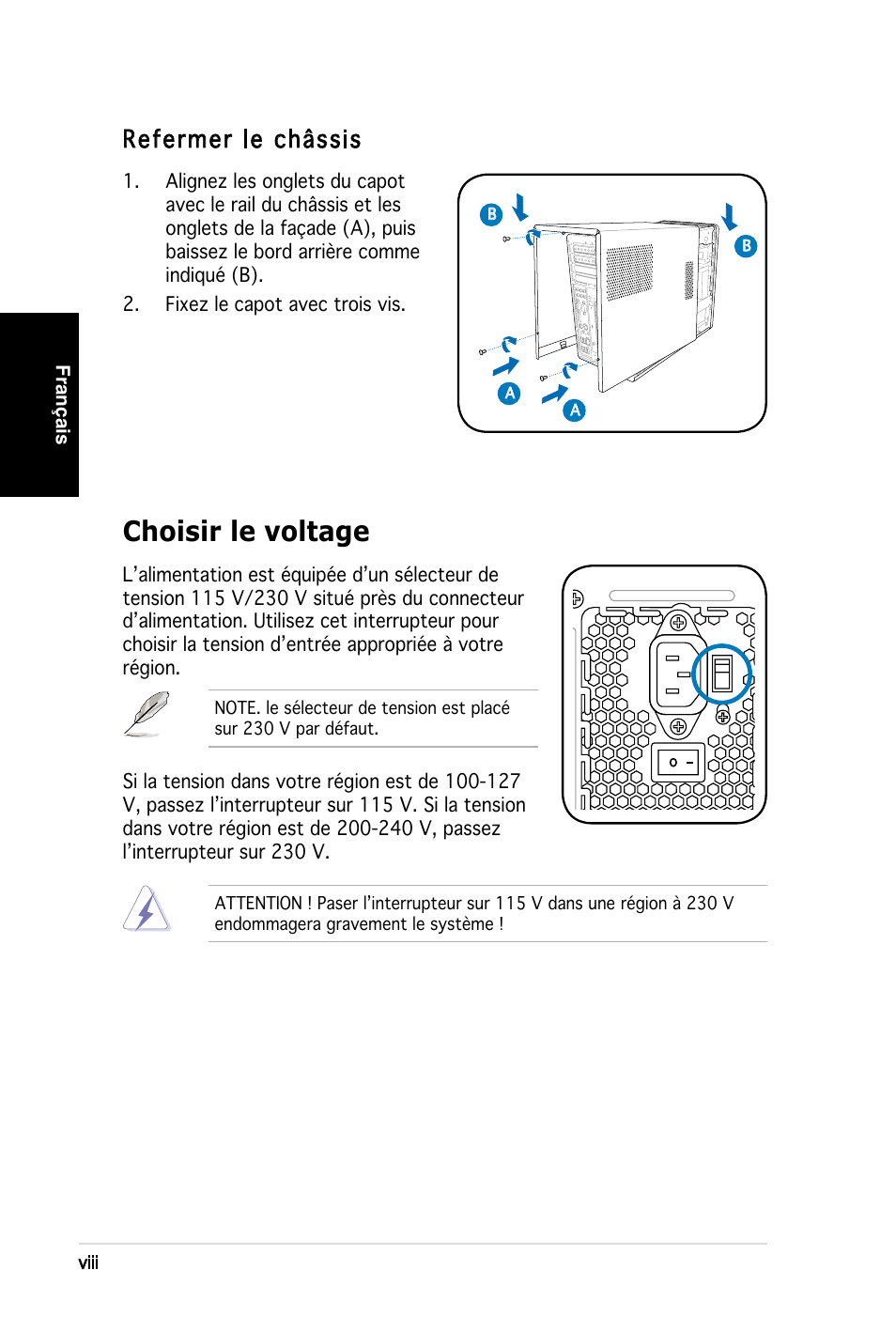 Choisir le voltage, Refermer le châssis, Français | Viii | Asus T3-PH1 User Manual | Page 16 / 80