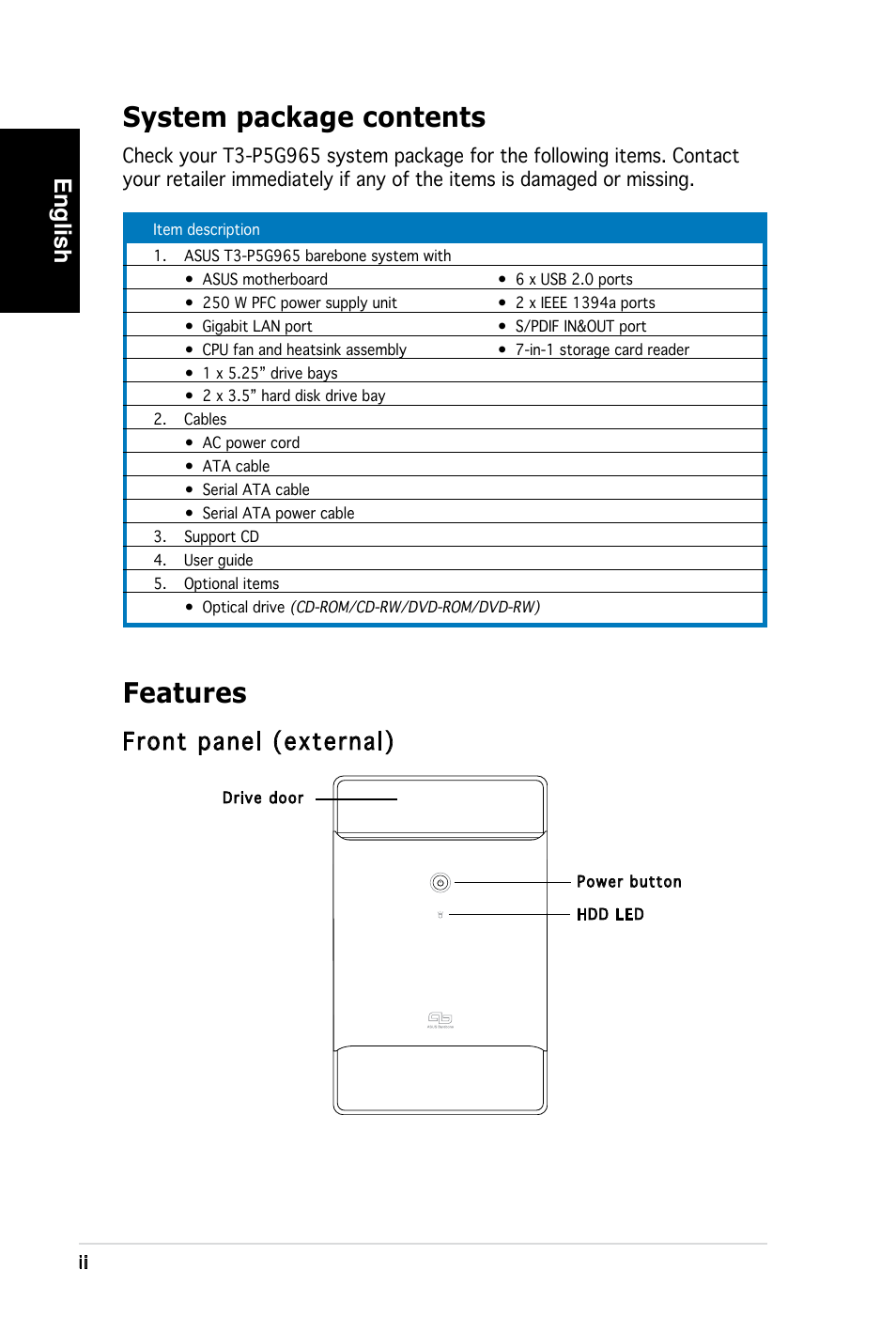 System package contents, Features, English | Front panel (external) | Asus T3-PH1 User Manual | Page 2 / 80