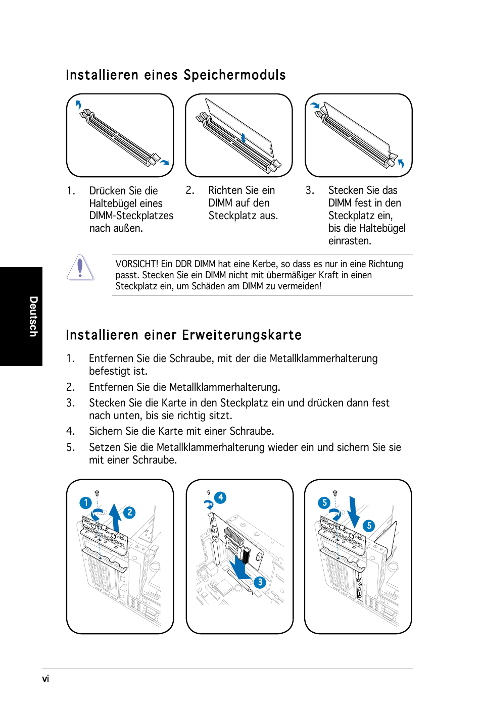 Installieren eines speichermoduls, Installieren einer erweiterungskarte | Asus T3-PH1 User Manual | Page 22 / 80