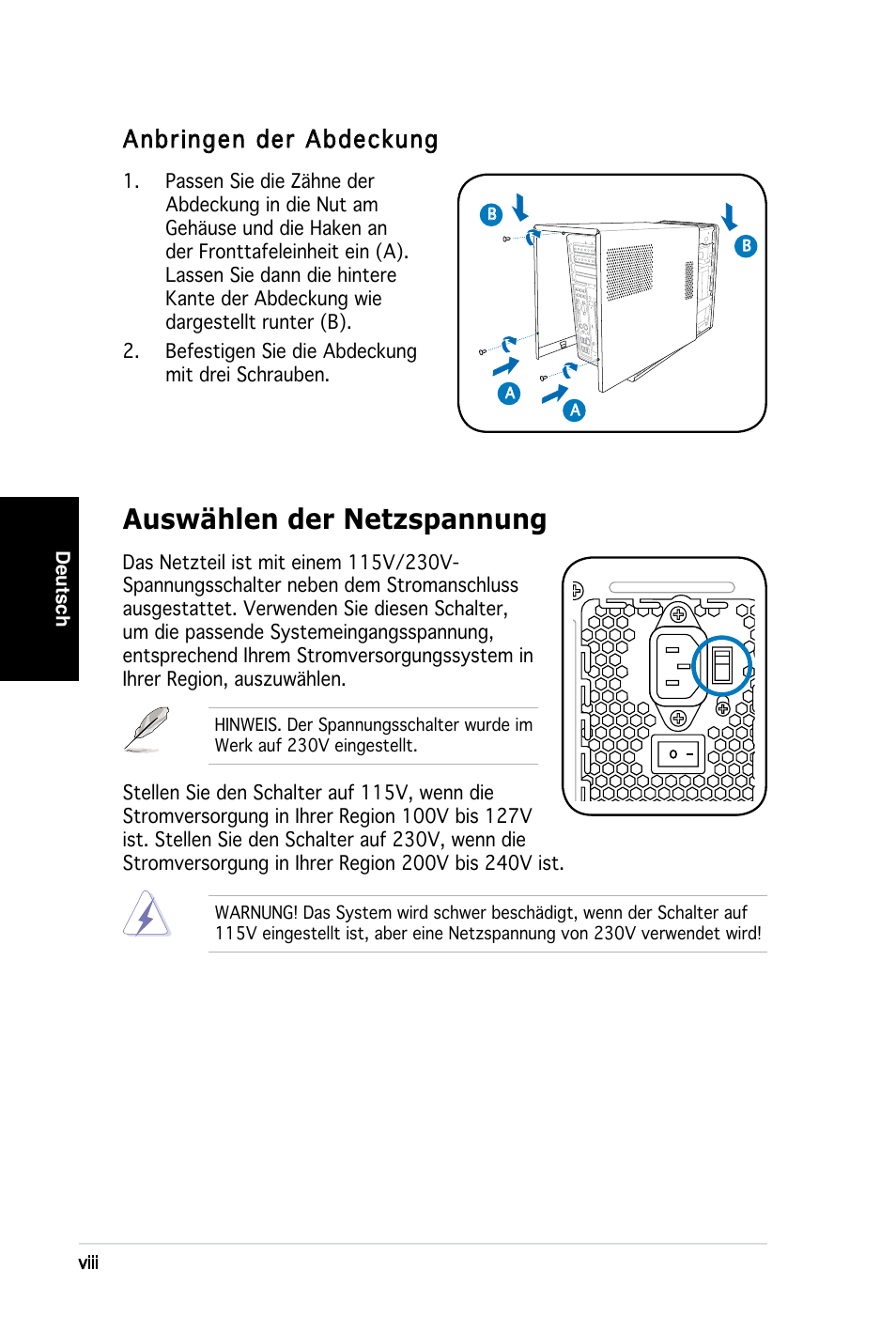 Auswählen der netzspannung, Anbringen der abdeckung, Deutsch | Viii | Asus T3-PH1 User Manual | Page 24 / 80