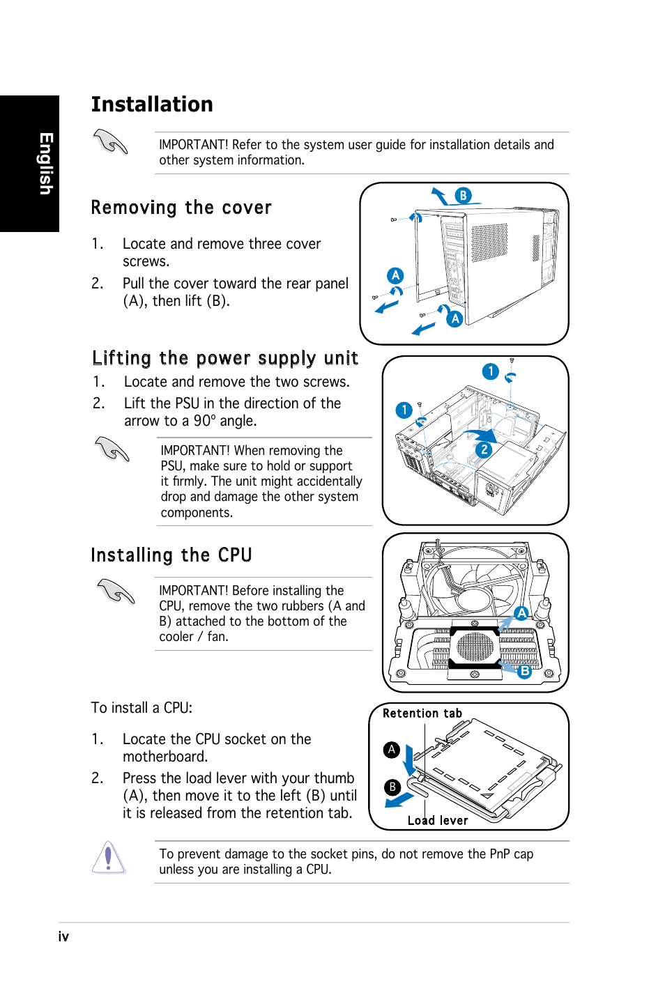 Installation, English, Removing the cover | Installing the cpu, Lifting the power supply unit | Asus T3-PH1 User Manual | Page 4 / 80