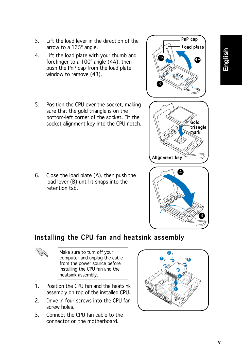 English, Installing the cpu fan and heatsink assembly | Asus T3-PH1 User Manual | Page 5 / 80