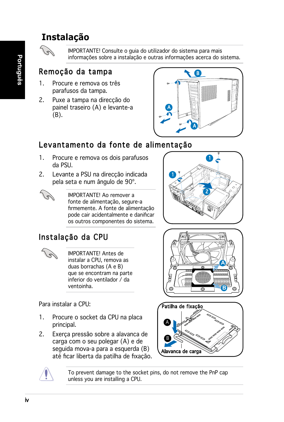 Instalação, Remoção da tampa | Asus T3-PH1 User Manual | Page 52 / 80