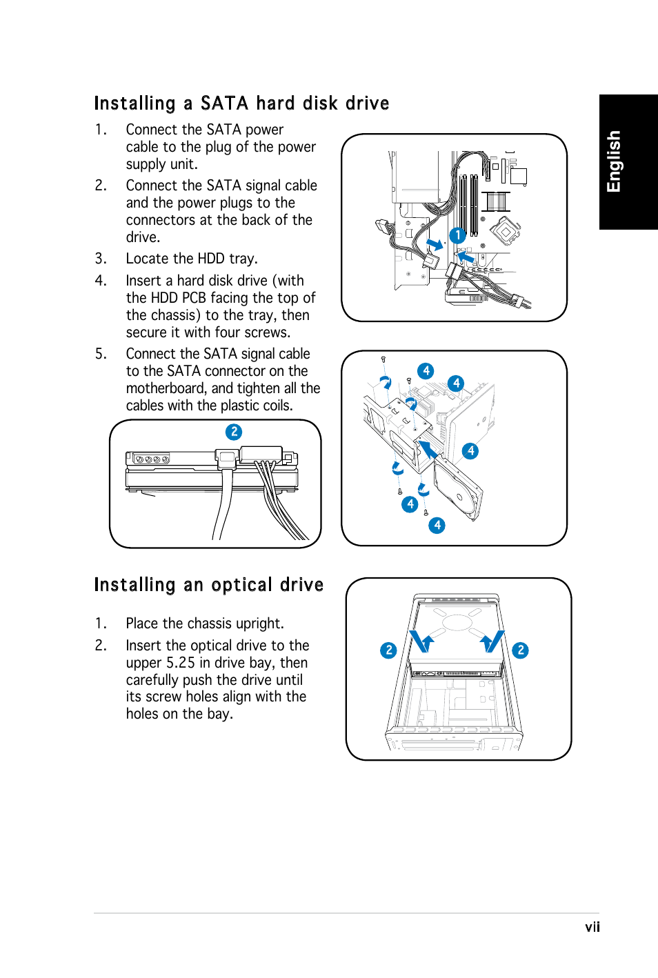 English installing a sata hard disk drive, Installing an optical drive | Asus T3-PH1 User Manual | Page 7 / 80