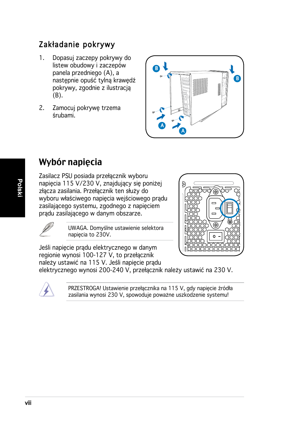 Wybór napięcia, Zakładanie pokrywy, Polski | Viii | Asus T3-PH1 User Manual | Page 72 / 80