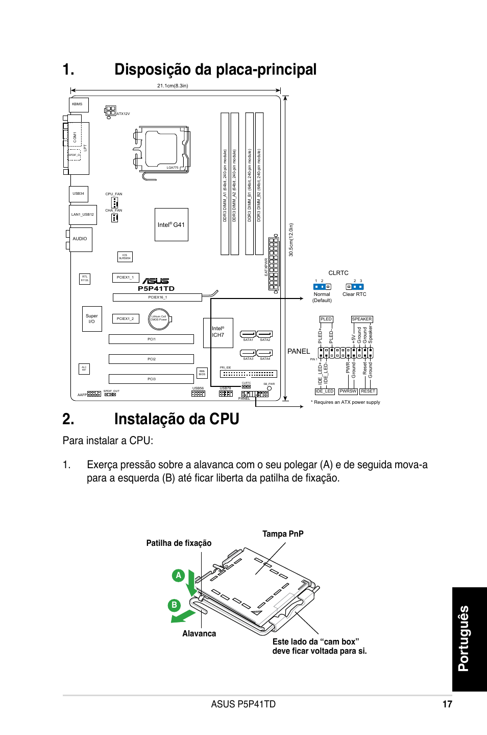 Disposição da placa-principal 2. instalação da cpu, Português, Asus p5p41td | Asus P5P41TD User Manual | Page 17 / 41