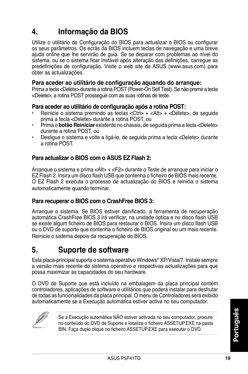 Informação da bios, Suporte de software, Português | Asus P5P41TD User Manual | Page 19 / 41