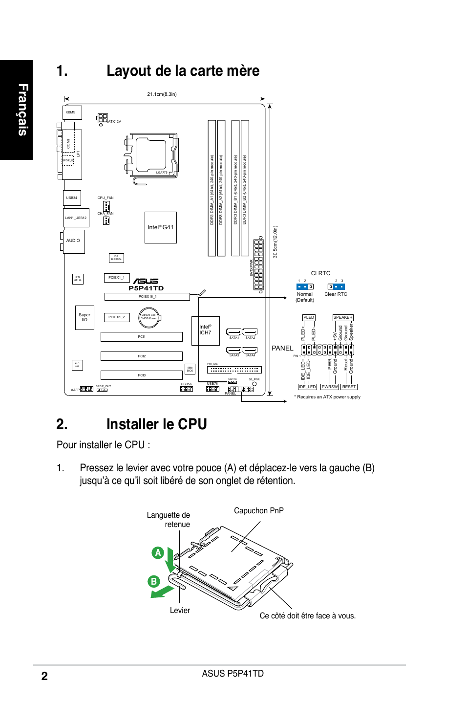 Installer le cpu, Layout de la carte mère, Français | Asus p5p41td a b | Asus P5P41TD User Manual | Page 2 / 41