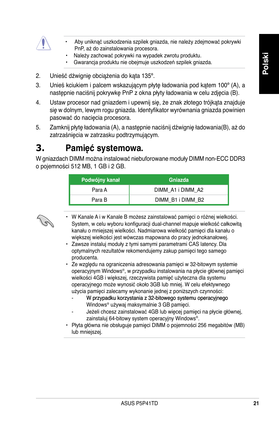 Pamięć systemowa, Polski | Asus P5P41TD User Manual | Page 21 / 41