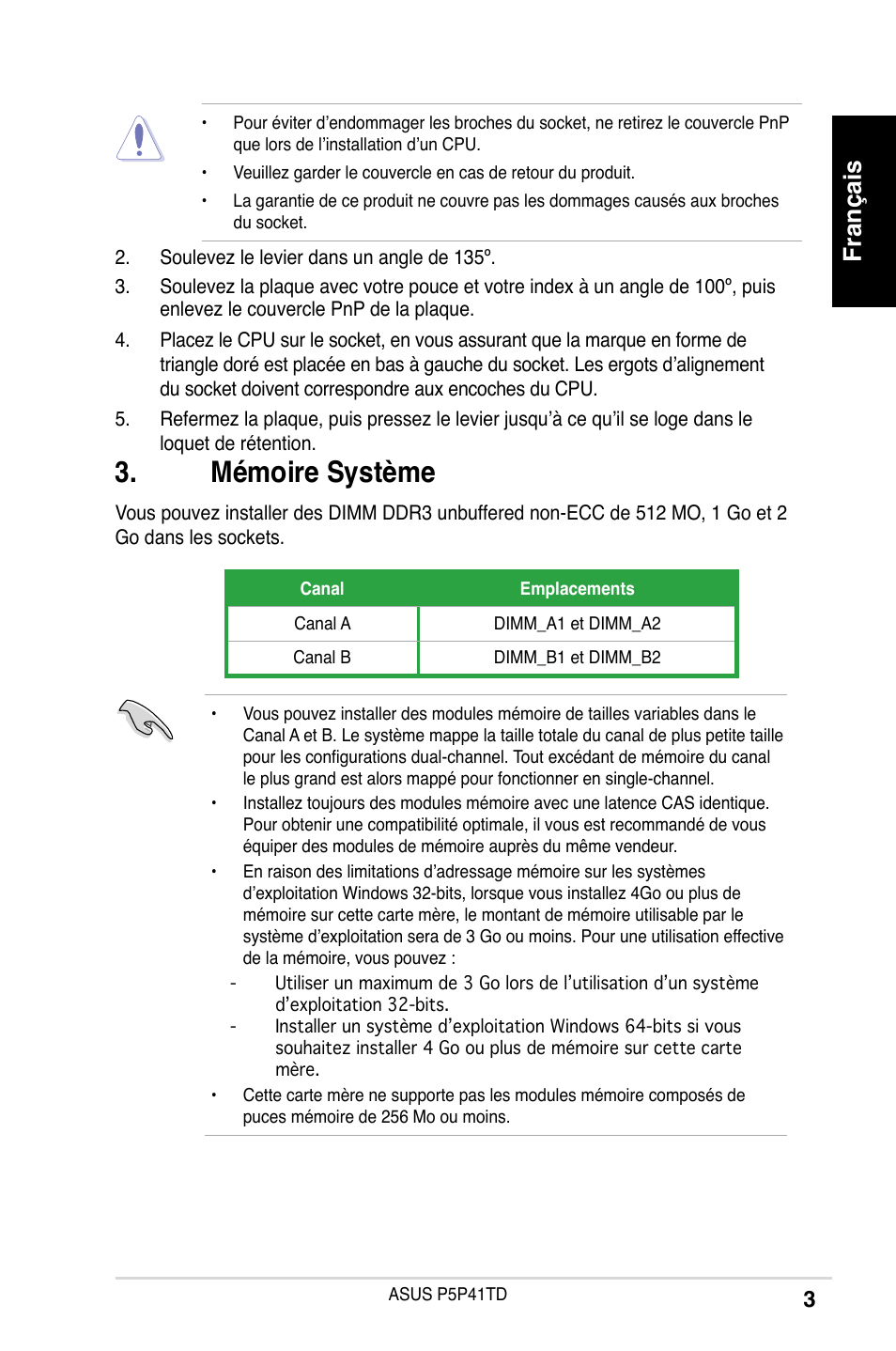 Mémoire système, Français | Asus P5P41TD User Manual | Page 3 / 41
