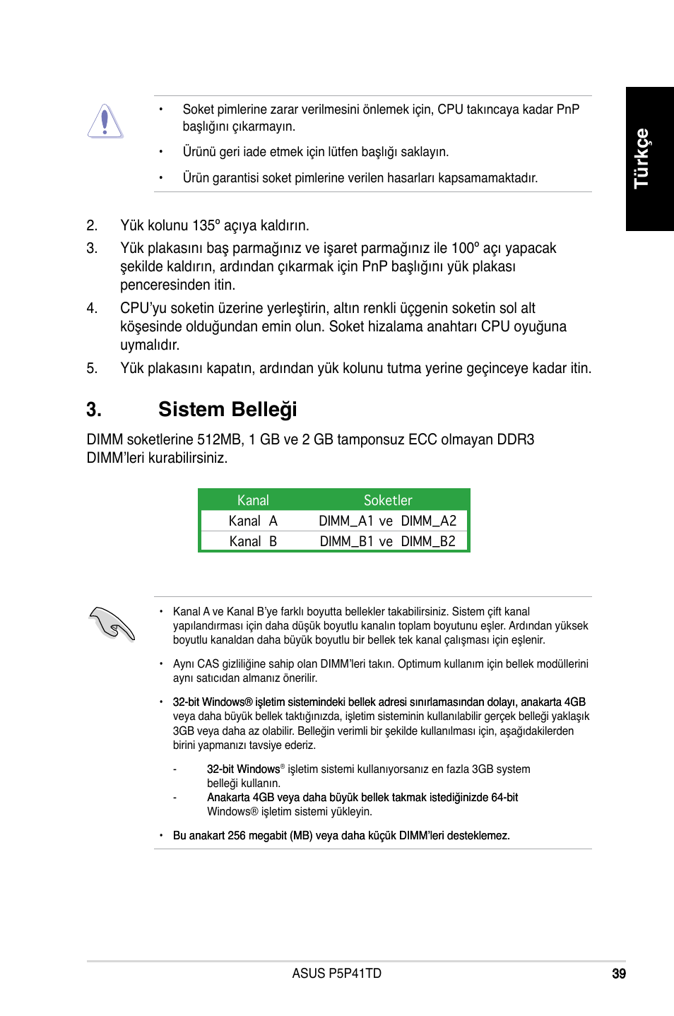 Sistem belleği, Türkçe | Asus P5P41TD User Manual | Page 39 / 41