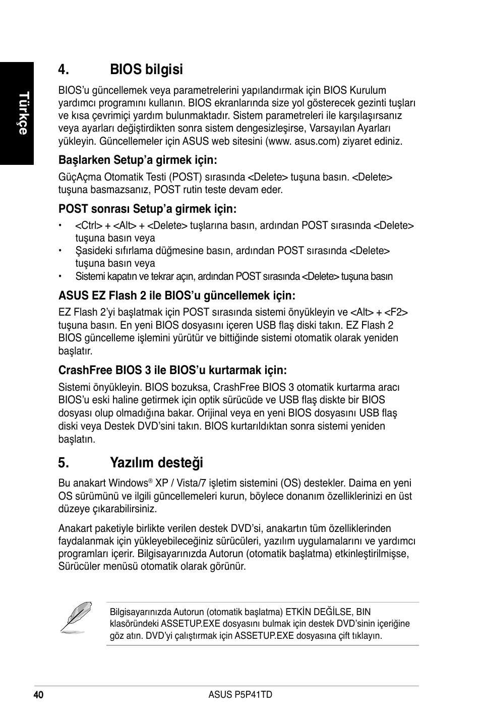 Bios bilgisi, Yazılım desteği, Türkçe | Asus P5P41TD User Manual | Page 40 / 41
