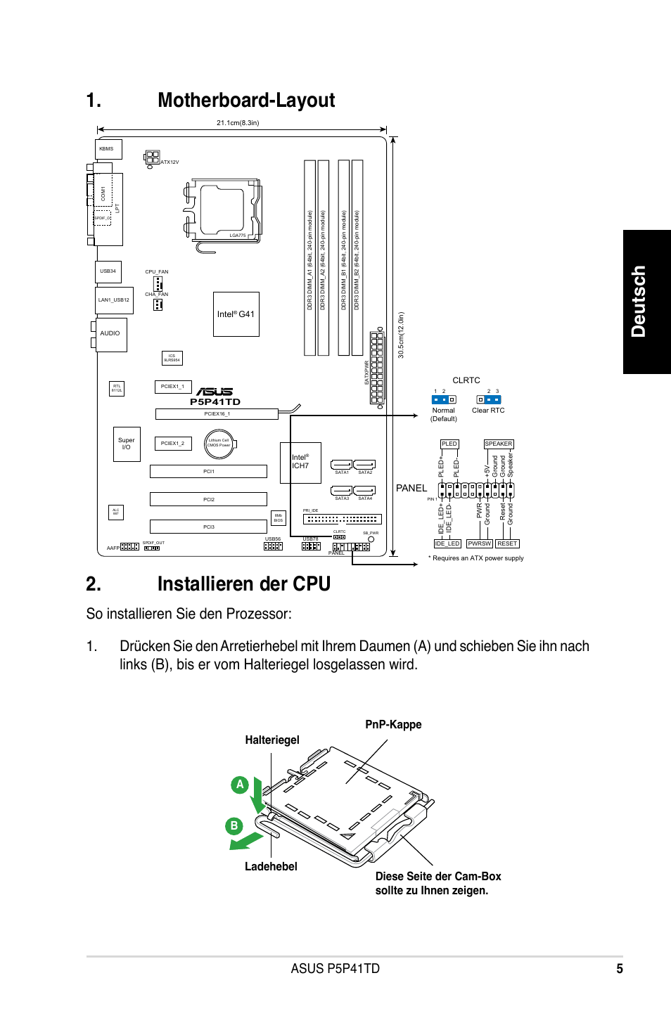 Motherboard-layout 2. installieren der cpu, Deutsch, Asus p5p41td | Panel | Asus P5P41TD User Manual | Page 5 / 41