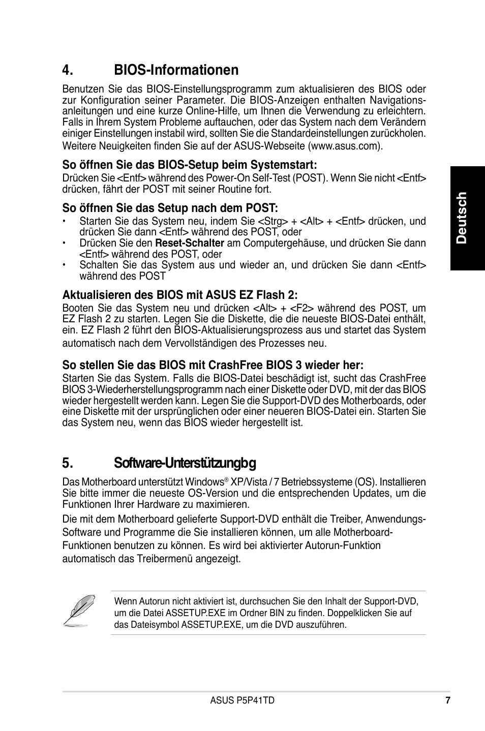 Bios-informationen, Software-unterstützungbg, Deutsch | Asus P5P41TD User Manual | Page 7 / 41