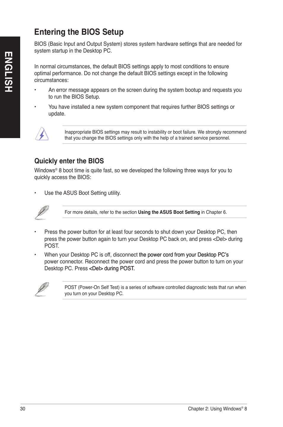 Entering the bios setup, En gl is h en gl is h | Asus CM6730 User Manual | Page 30 / 72