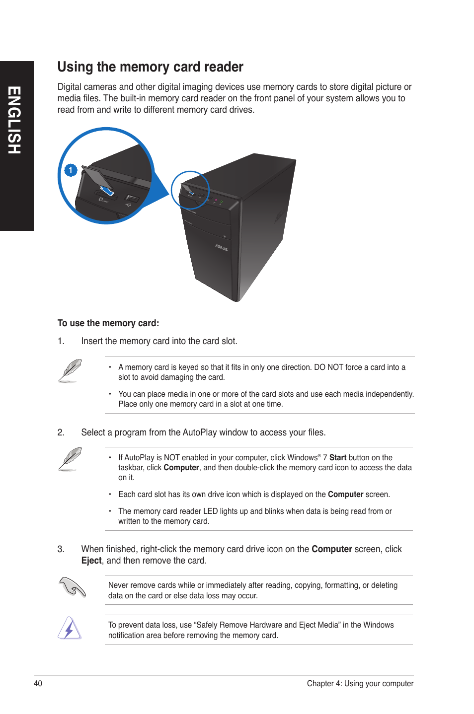 Using the memory card reader, En gl is h en gl is h en gl is h en gl is h | Asus CM6730 User Manual | Page 40 / 72