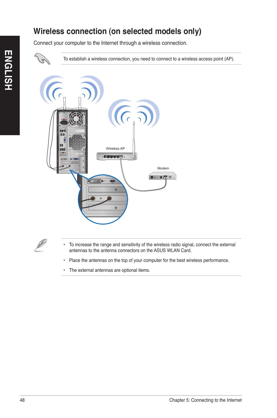 Wireless connection (on selected models only), En gl is h en gl is h en gl is h en gl is h | Asus CM6730 User Manual | Page 48 / 72