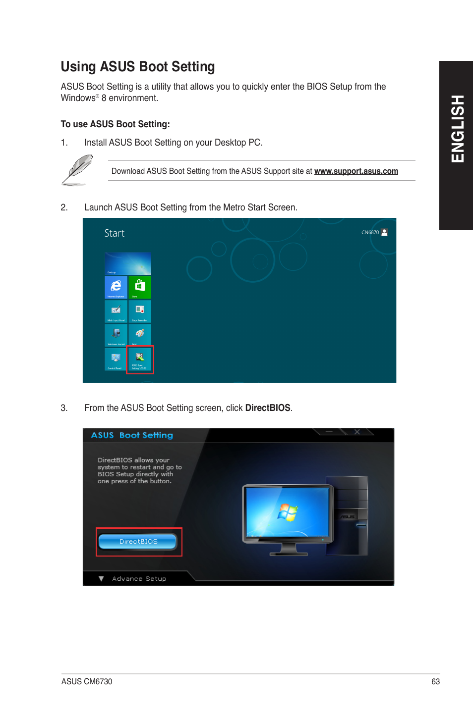 Using asus boot setting, En gl is h en gl is h | Asus CM6730 User Manual | Page 63 / 72