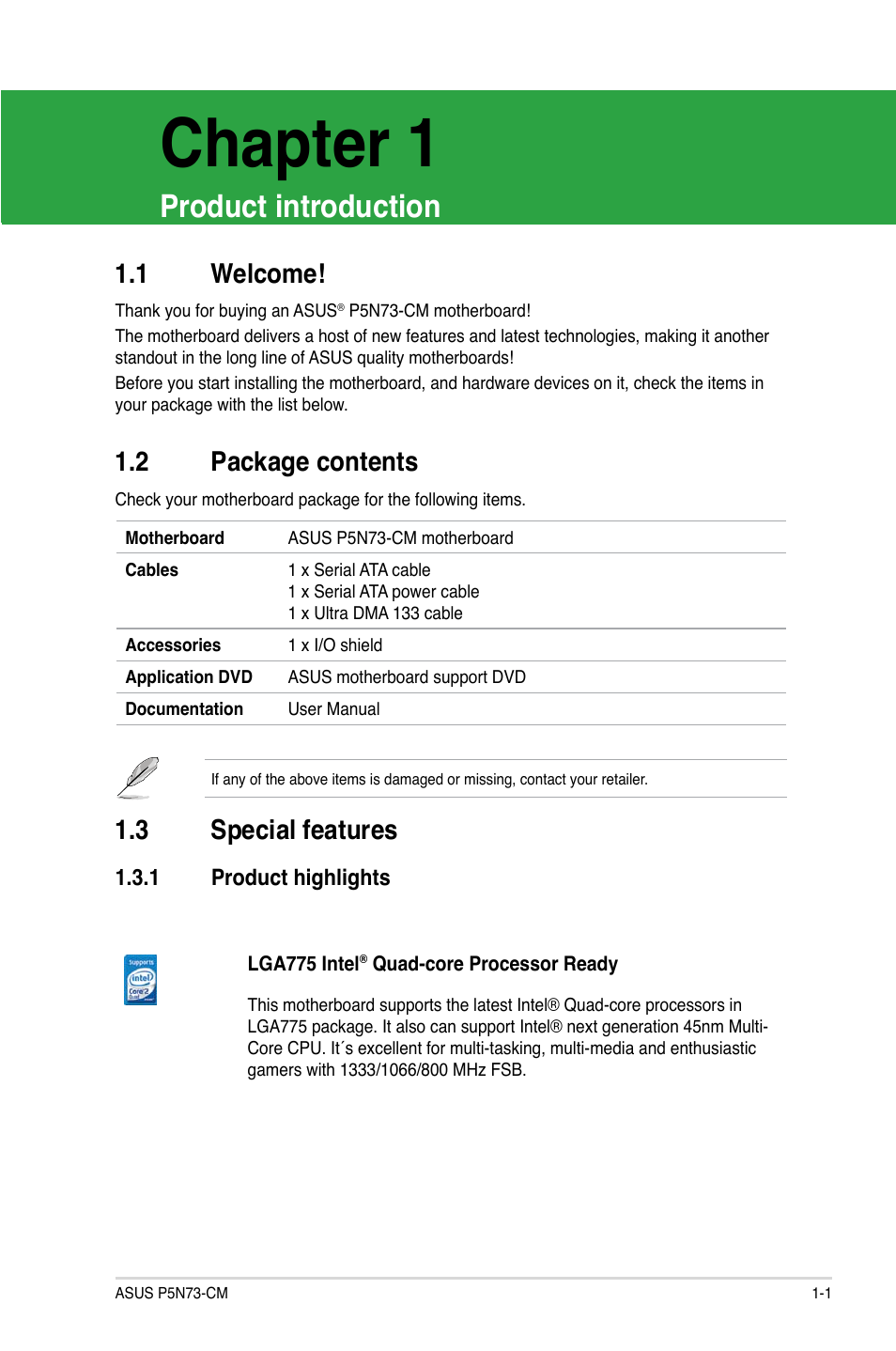 Chapter 1, Product introduction, 1 welcome | 2 package contents, 3 special features, 1 product highlights, Chapter.1, Product.introduction, Welcome! -1, Package.contents -1 | Asus P5N73-CM User Manual | Page 11 / 64