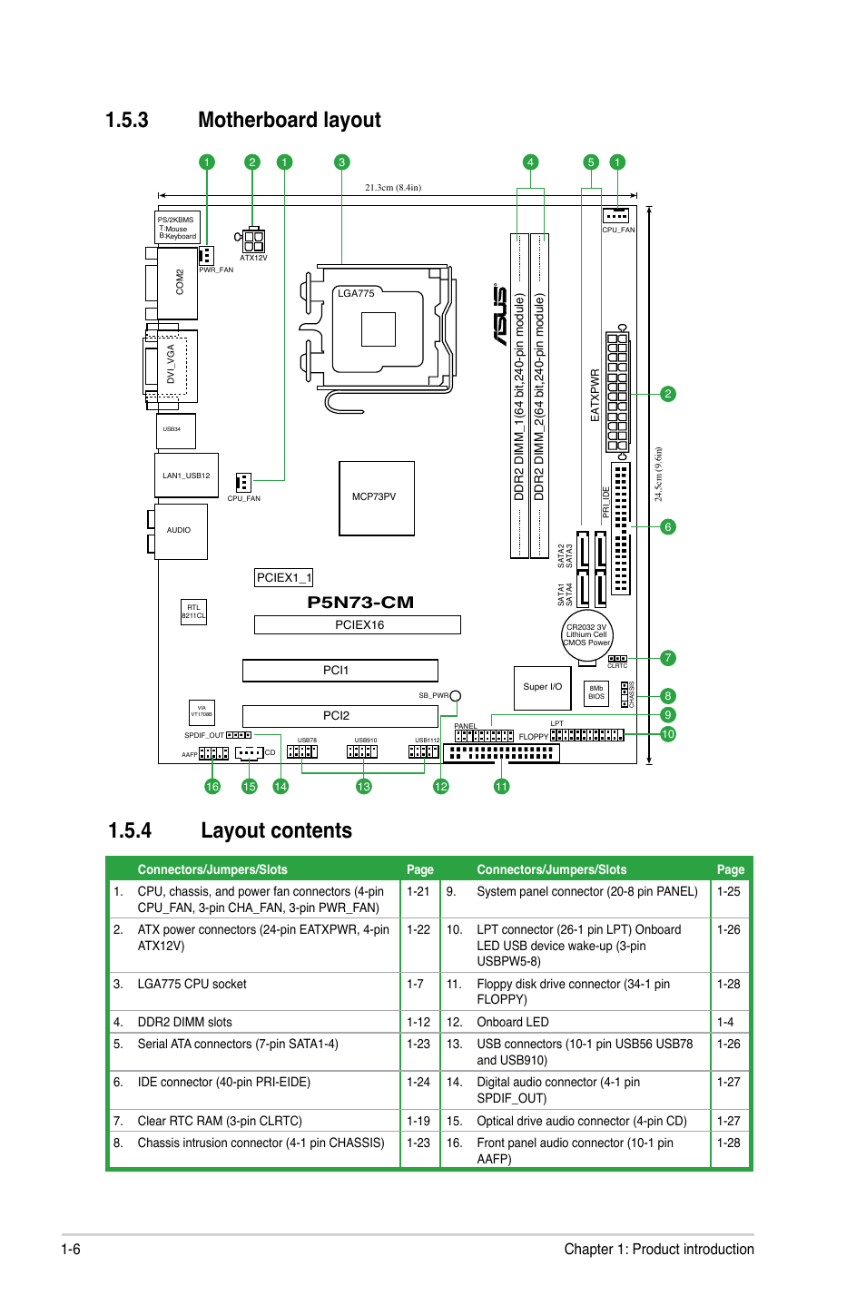 3 motherboard layout, 4 layout contents, Motherboard layout -6 | Layout contents -6, Motherboard.layout 1.5.4. layout.contents, P5n73-cm, 6 chapter 1: product introduction | Asus P5N73-CM User Manual | Page 16 / 64