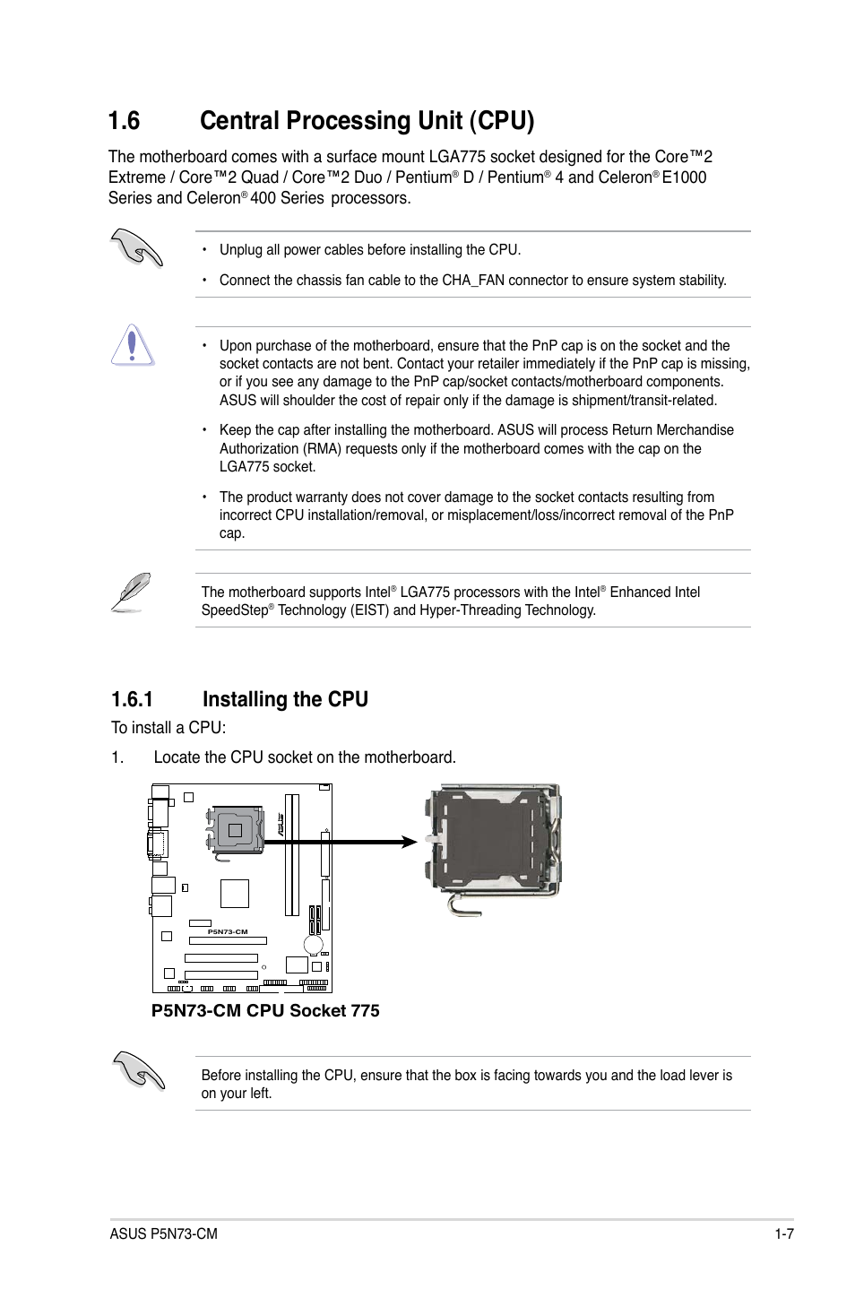 6 central processing unit (cpu), 1 installing the cpu, Central.processing.unit.(cpu) -7 1.6.1 | Installing the cpu -7, Central.processing.unit.(cpu), Installing.the.cpu | Asus P5N73-CM User Manual | Page 17 / 64