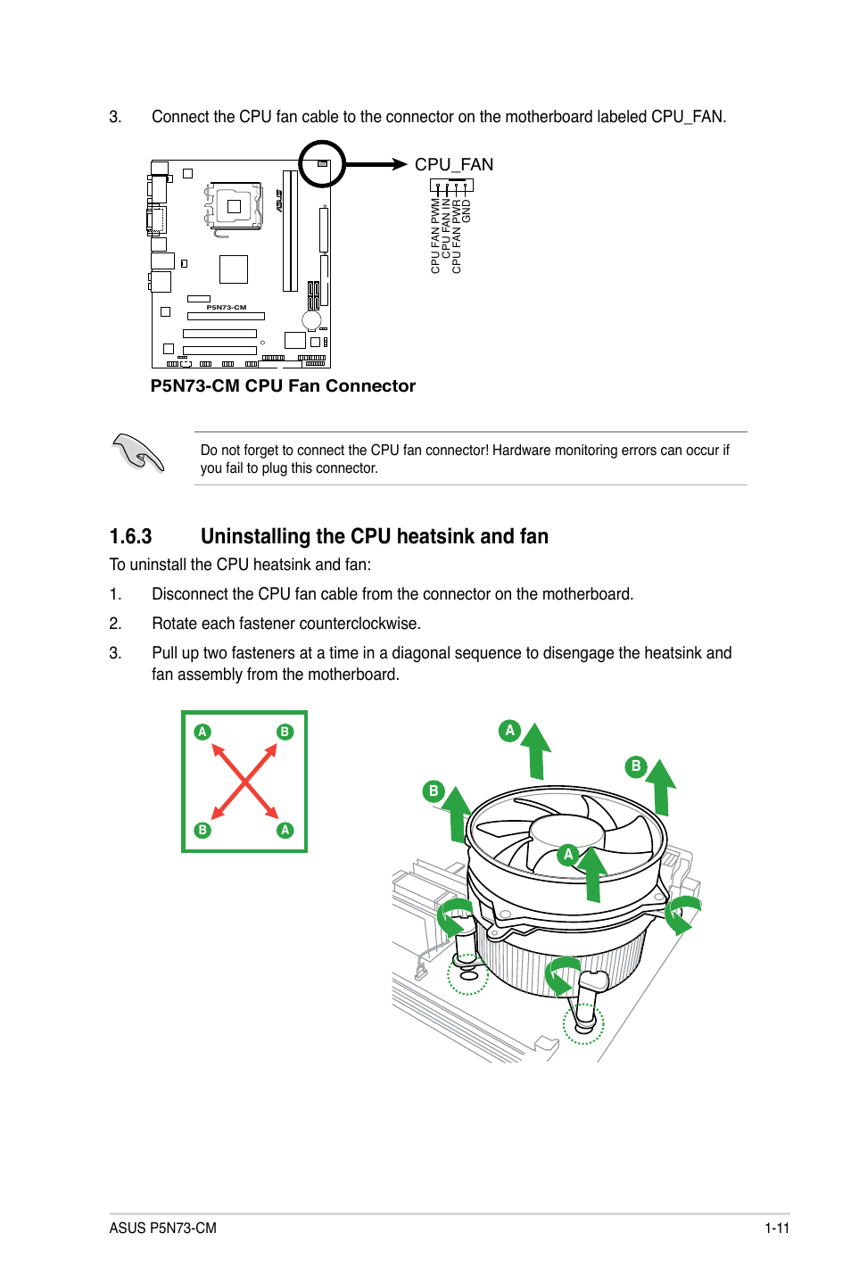 3 uninstalling the cpu heatsink and fan, Uninstalling the cpu heatsink and fan -11, Uninstalling.the.cpu.heatsink.and.fan | Cpu_fan | Asus P5N73-CM User Manual | Page 21 / 64