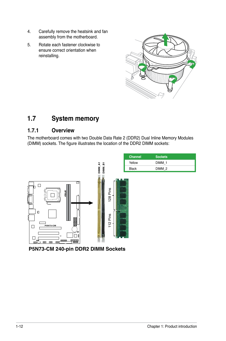 7 system memory, 1 overview, System.memory -12 1.7.1 | Overview -12, Overview | Asus P5N73-CM User Manual | Page 22 / 64