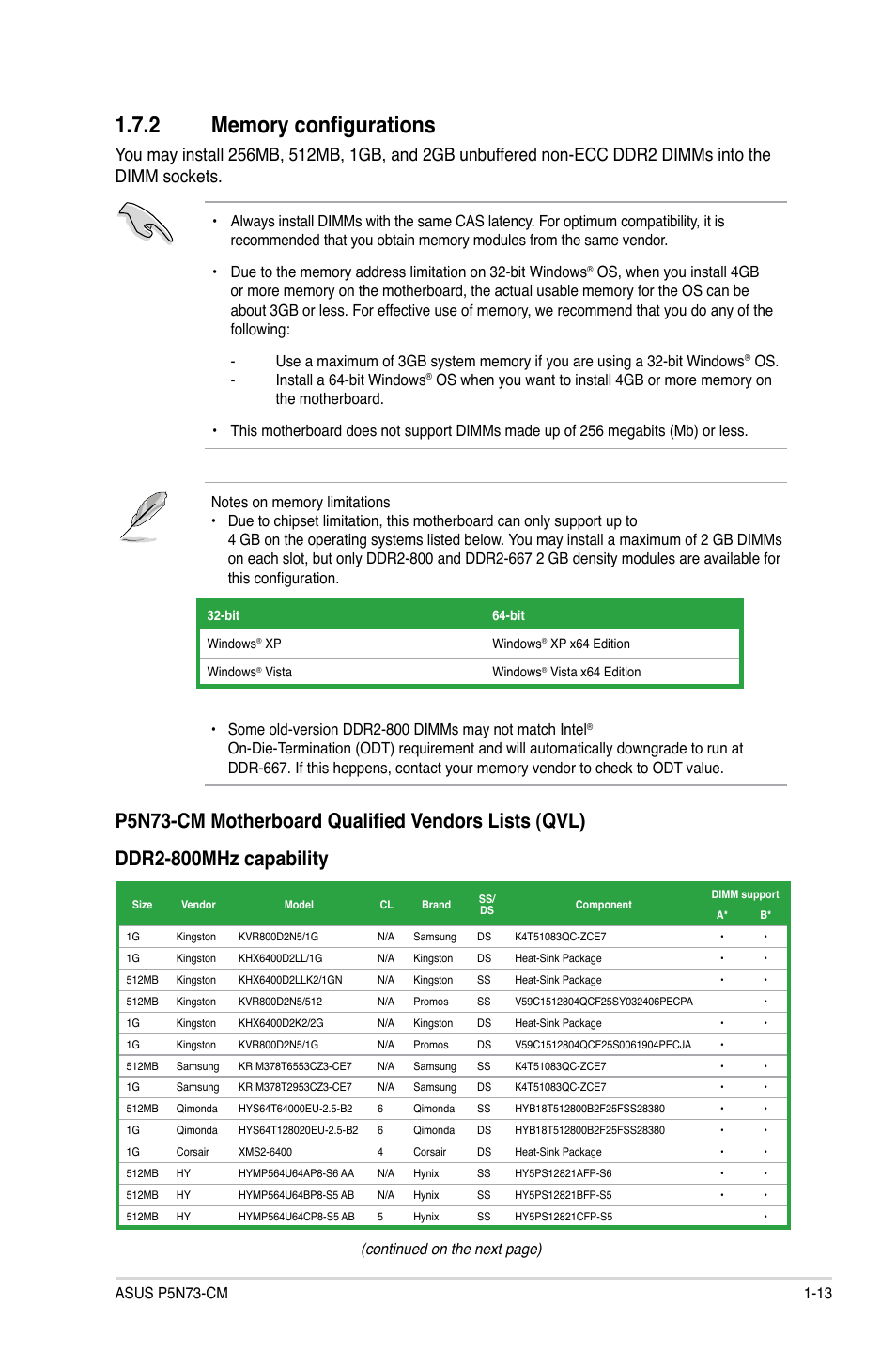 2 memory configurations, Memory configurations -13, Continued on the next page) | Asus P5N73-CM User Manual | Page 23 / 64