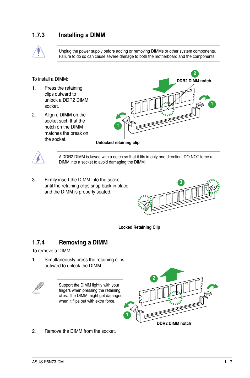 3 installing a dimm, 4 removing a dimm, Installing a dimm -17 | Removing a dimm -17, Installing.a.dimm, Removing.a.dimm | Asus P5N73-CM User Manual | Page 27 / 64