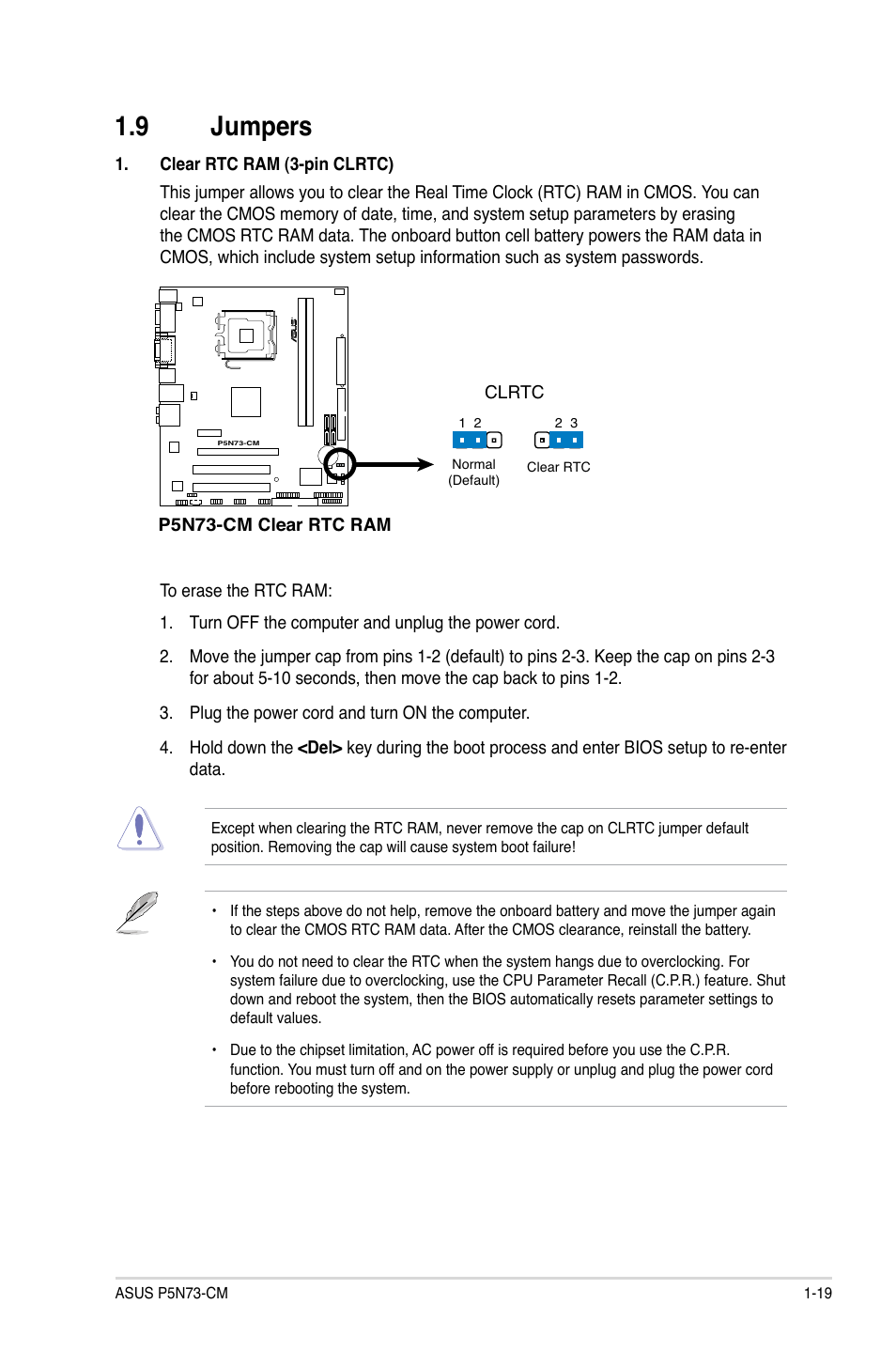 9 jumpers, Jumpers -19, Jumpers | Asus P5N73-CM User Manual | Page 29 / 64