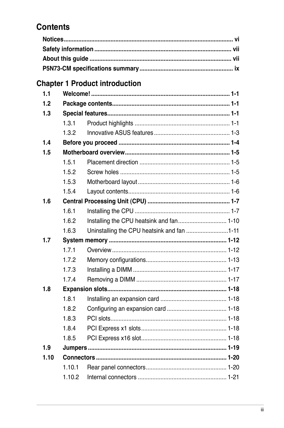 Asus P5N73-CM User Manual | Page 3 / 64