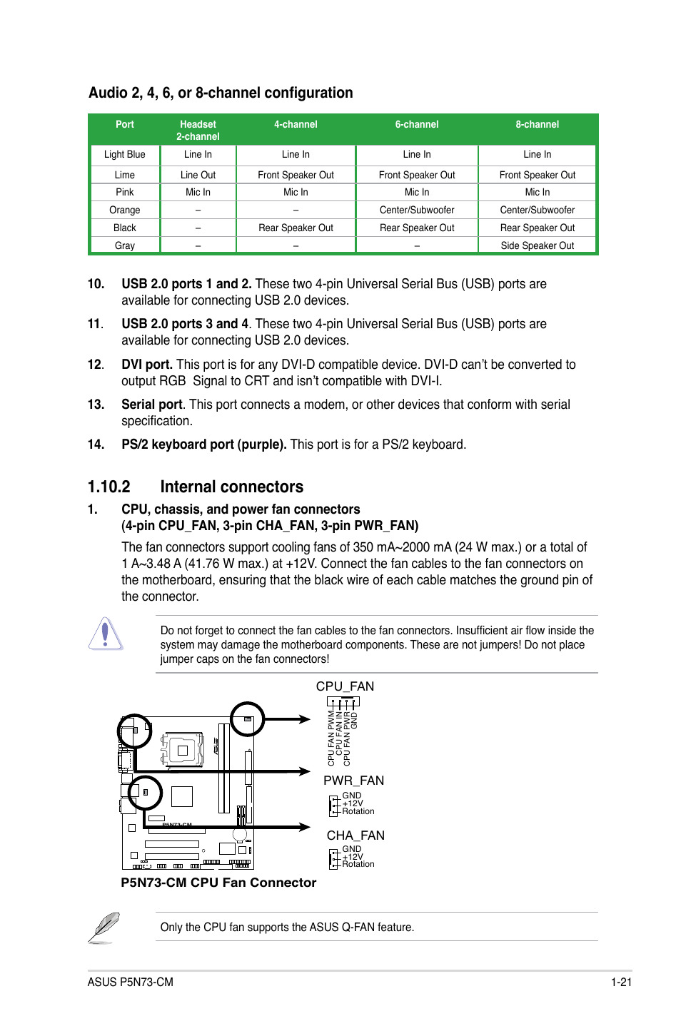 2 internal connectors, 2 internal connectors -21, Internal.connectors | Audio 2, 4, 6, or 8-channel configuration | Asus P5N73-CM User Manual | Page 31 / 64