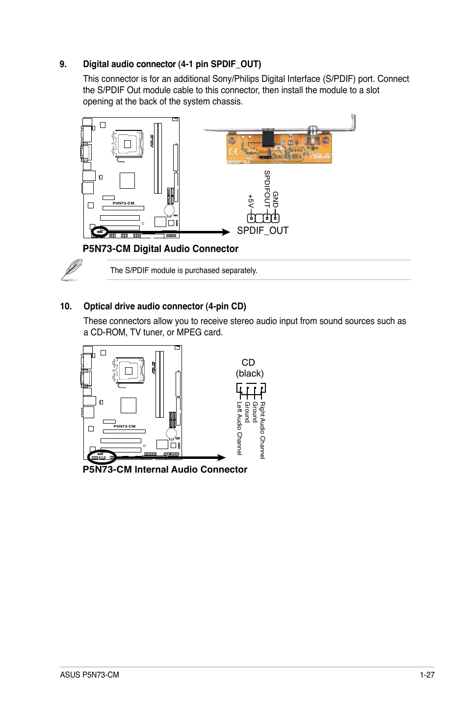 P5n73-cm digital audio connector, Spdif_out, P5n73-cm internal audio connector | Cd (black) | Asus P5N73-CM User Manual | Page 37 / 64