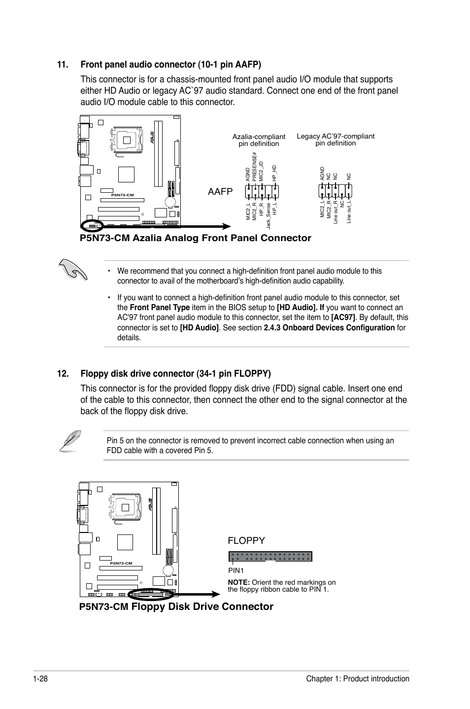 Floppy disk drive connector, P5n73-cm, Floppy | P5n73-cm azalia analog front panel connector, Aafp | Asus P5N73-CM User Manual | Page 38 / 64