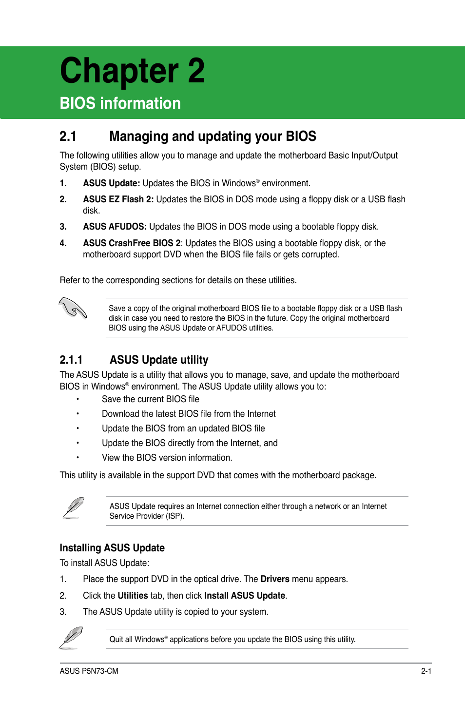 Chapter 2, Bios information, 1 managing and updating your bios | 1 asus update utility, Chapter.2.bios.information, Managing.and.updating.your.bios -1 2.1.1, Asus update utility -1, Chapter.2, Bios.information, Managing.and.updating.your.bios | Asus P5N73-CM User Manual | Page 41 / 64