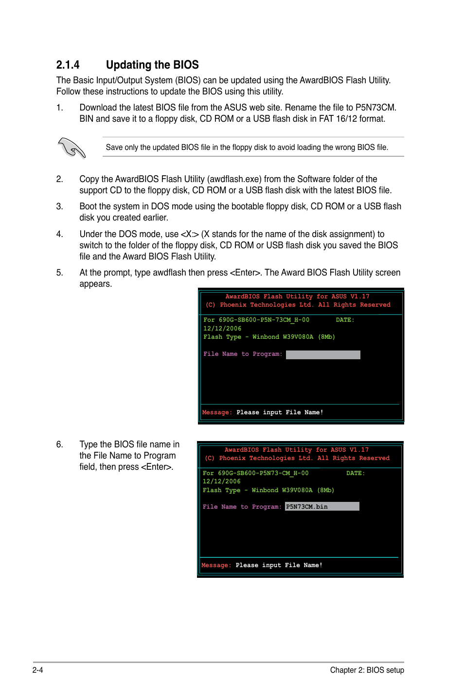 4 updating the bios, Updating the bios -4, Updating.the.bios | Asus P5N73-CM User Manual | Page 44 / 64
