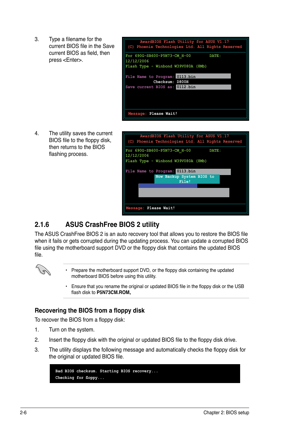 6 asus crashfree bios 2 utility, Asus crashfree bios 2 utility -6, Asus.crashfree.bios.2.utility | Recovering the bios from a floppy disk | Asus P5N73-CM User Manual | Page 46 / 64