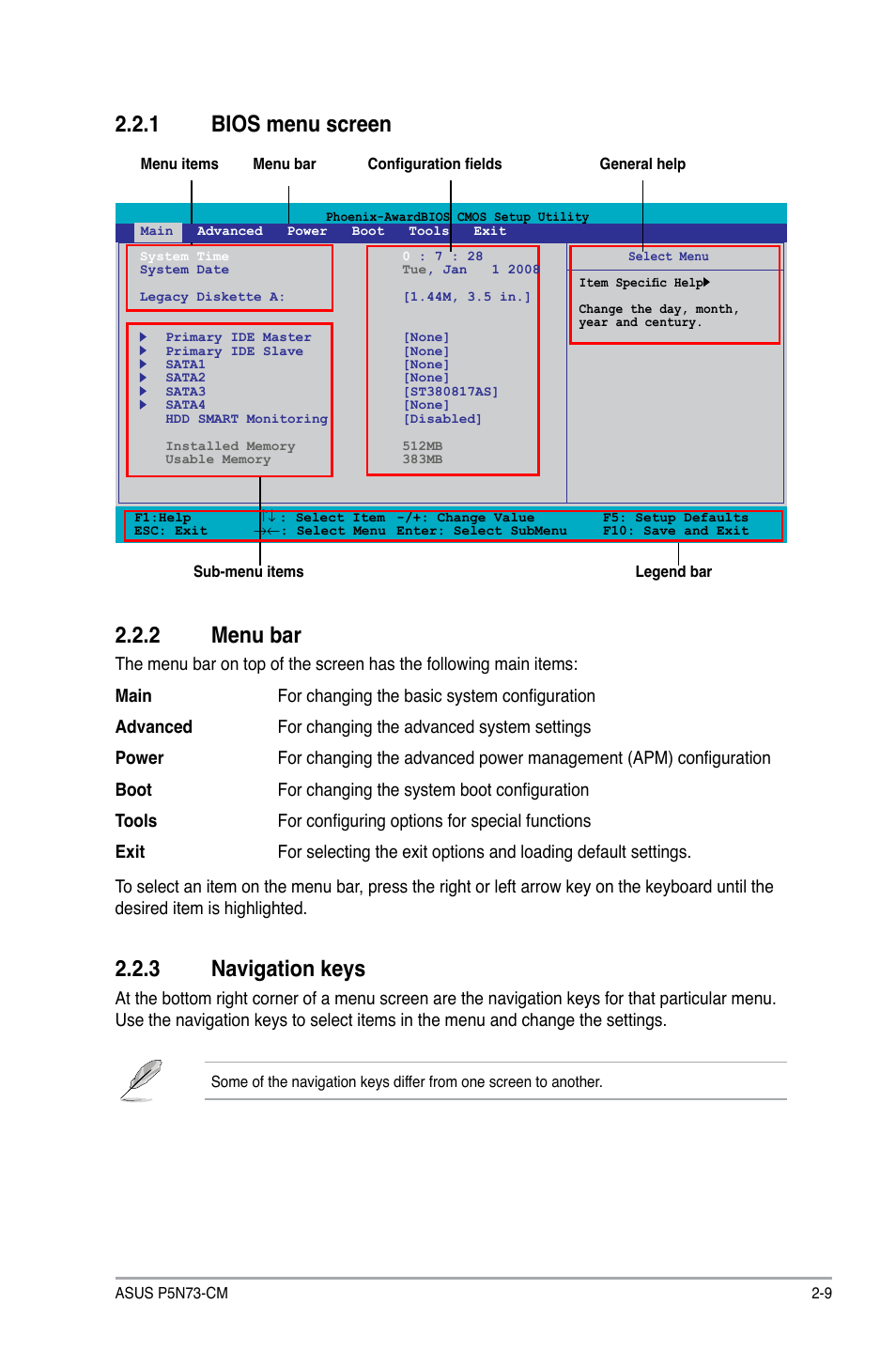 1 bios menu screen, 2 menu bar, 3 navigation keys | Bios menu screen -9, Menu bar -9, Navigation keys -9, Bios.menu.screen 2.2.2. menu.bar, Navigation.keys | Asus P5N73-CM User Manual | Page 49 / 64