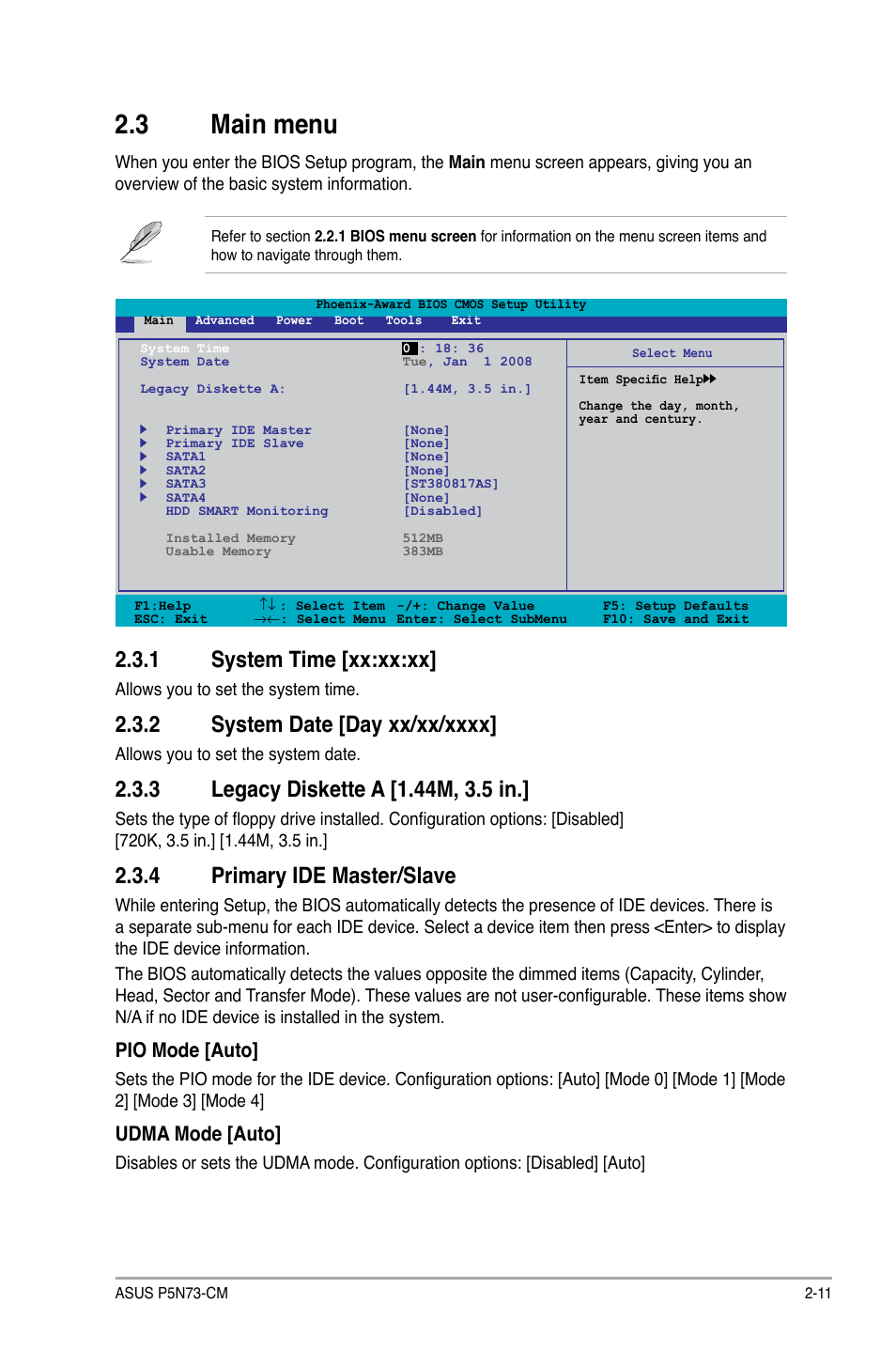 3 main menu, 1 system time, 2 system date | 3 legacy diskette a, 4 primary ide master/slave, Main.menu -11 2.3.1, System time -11, System date -11, Legacy diskette a -11, Primary ide master/slave -11 | Asus P5N73-CM User Manual | Page 51 / 64