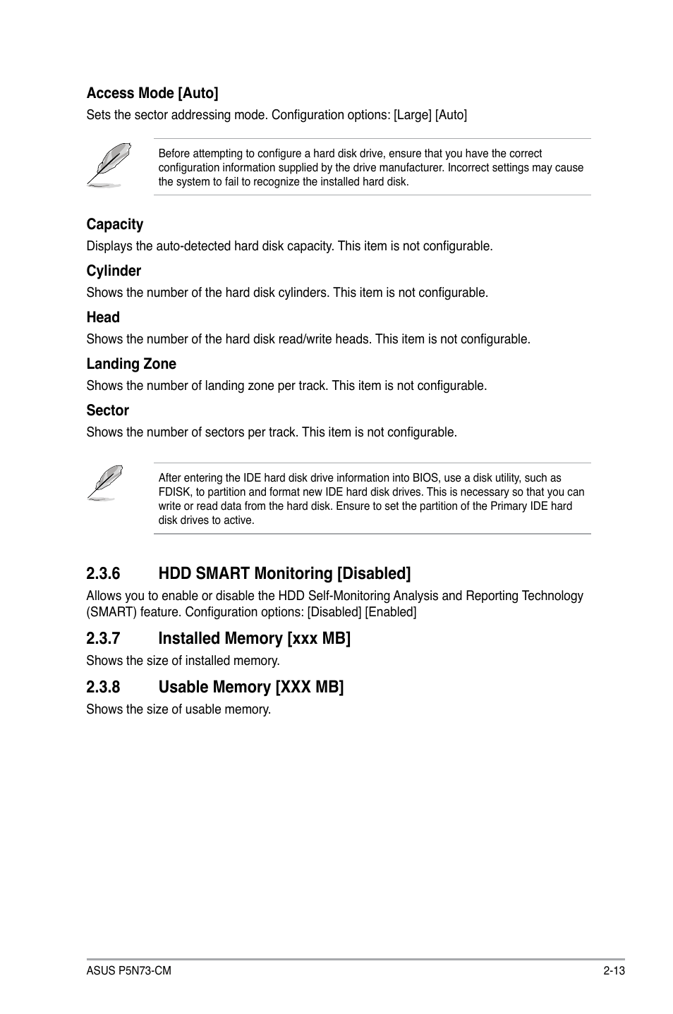 6 hdd smart monitoring, 7 installed memory, 8 usable memory | Hdd smart monitoring -13, Installed memory -13, Usable memory -13, Hdd.smart.monitoring.[disabled | Asus P5N73-CM User Manual | Page 53 / 64