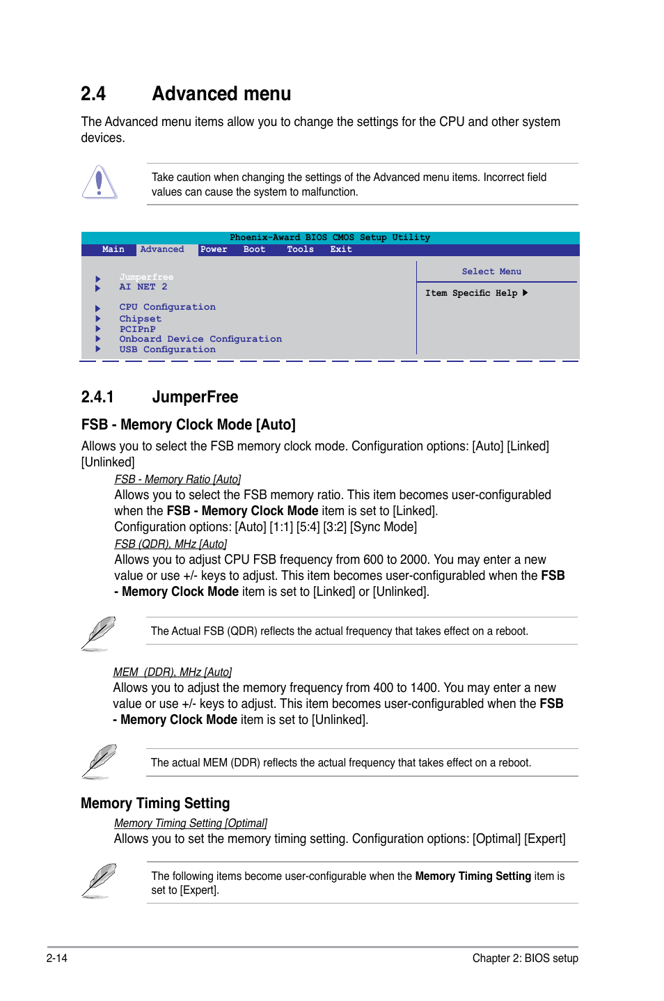 4 advanced menu, 1 jumperfree, Advanced.menu -14 2.4.1 | Jumperfree -14, Advanced.menu, Jumperfree | Asus P5N73-CM User Manual | Page 54 / 64