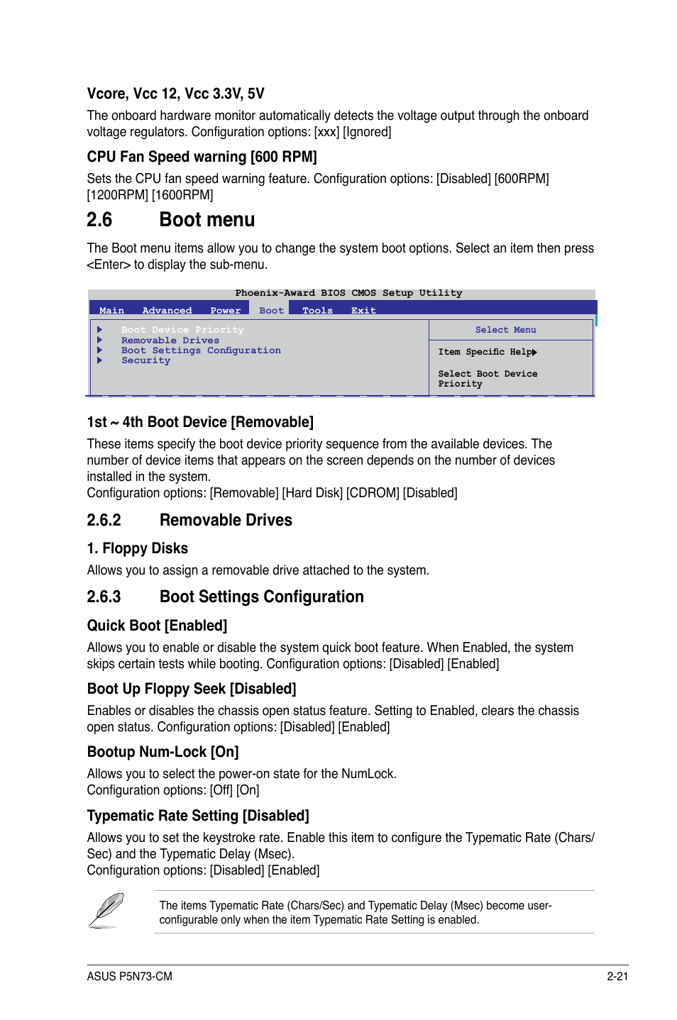 6 boot menu, 2 removable drives, 3 boot settings configuration | Boot.menu -21 2.6.2, Removable drives -21, Boot settings configuration -21, Boot.menu, Removable.drives | Asus P5N73-CM User Manual | Page 61 / 64