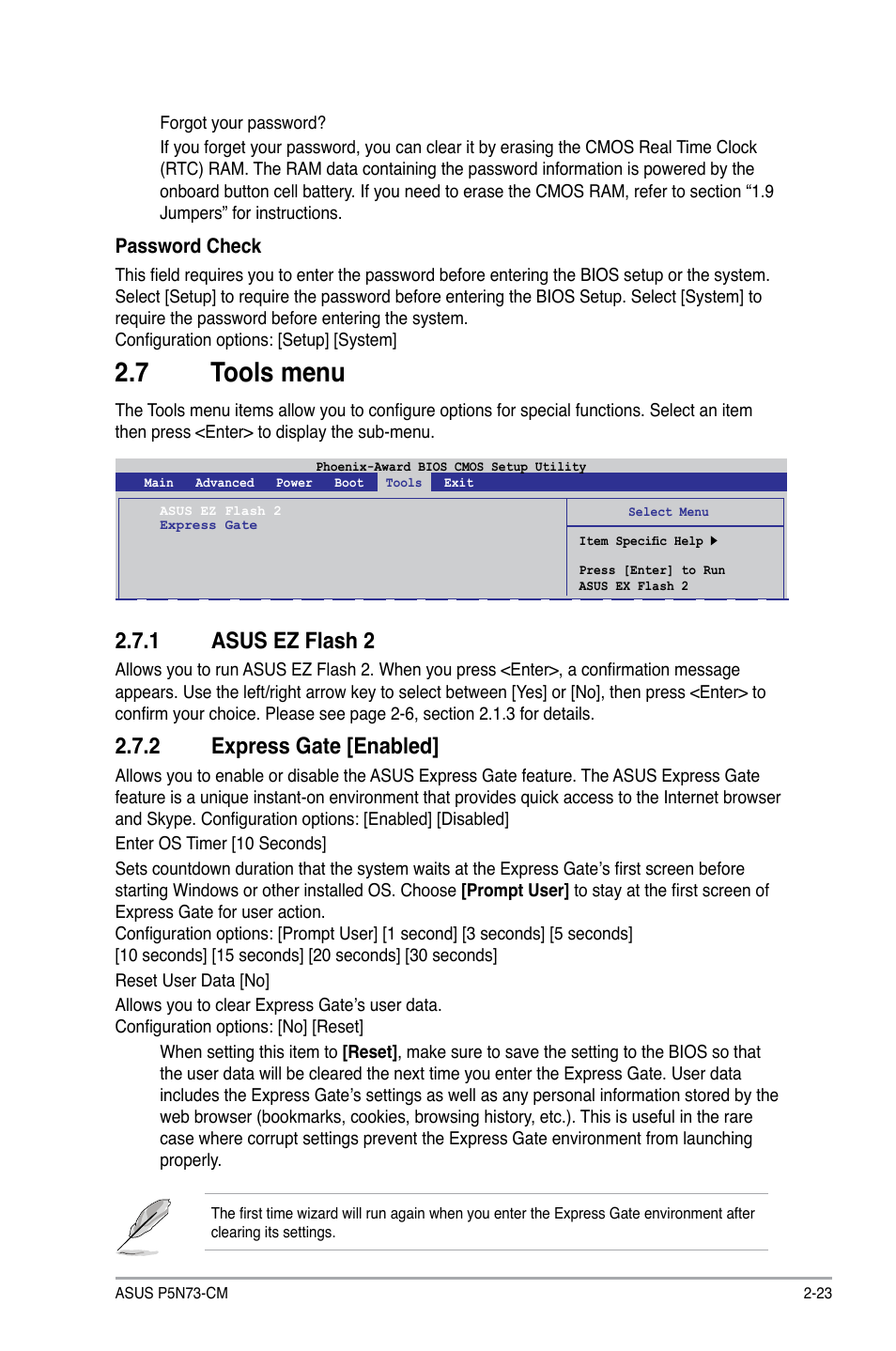 7 tools menu, 1 asus ez flash 2, 2 express gate [enabled | Tools.menu -23 2.7.1, Asus ez flash 2 -23, Express gate -23, Tools.menu, Asus.ez.flash.2, Express.gate.[enabled | Asus P5N73-CM User Manual | Page 63 / 64