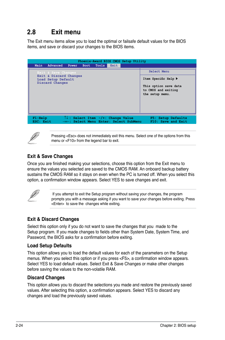 8 exit menu, Exit.menu -24, Exit.menu | Exit.&.save.changes, Exit.&.discard.changes, Load.setup.defaults, Discard.changes | Asus P5N73-CM User Manual | Page 64 / 64