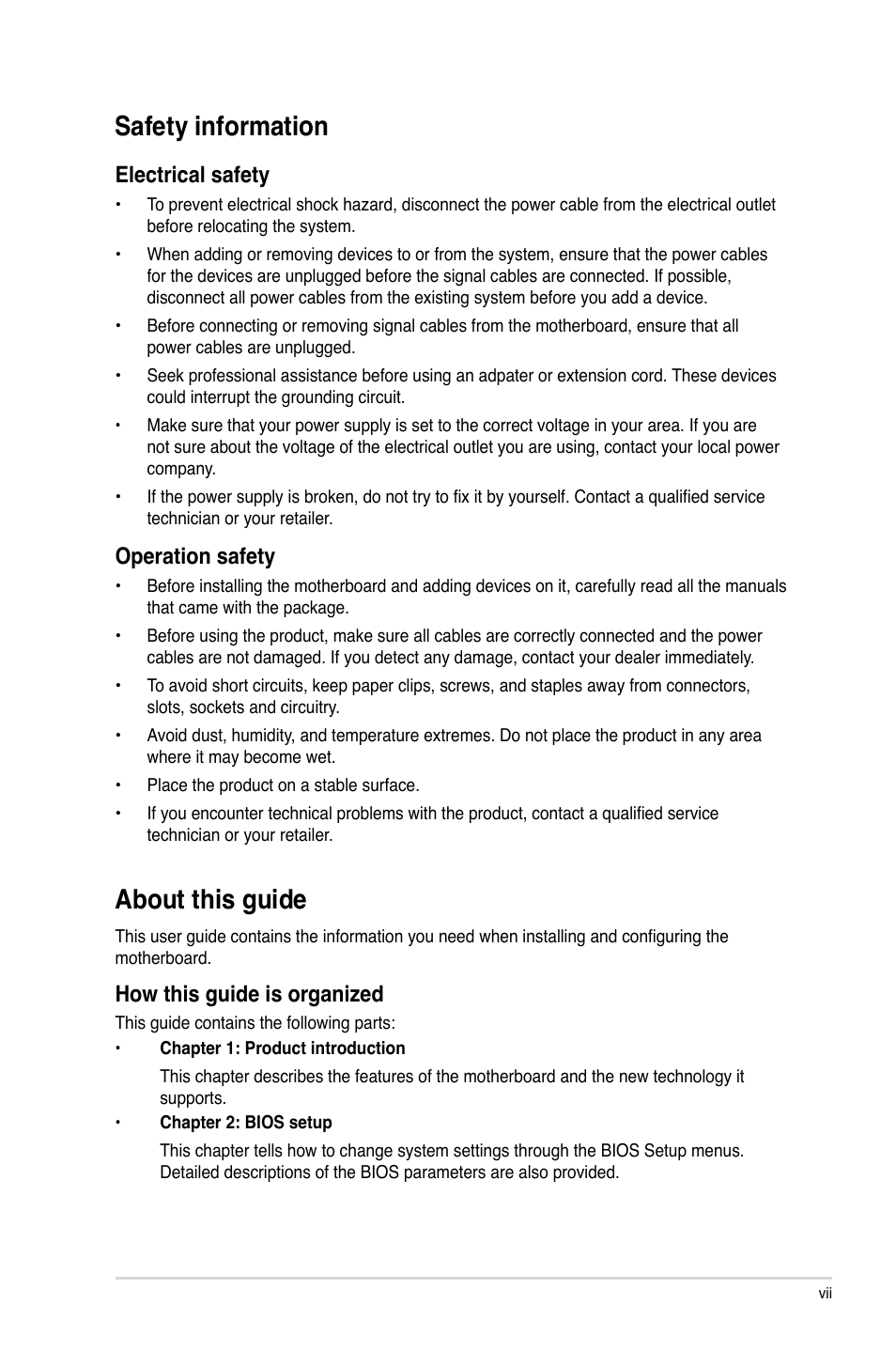 About this guide, Safety information, Safety.information | About.this.guide, Electrical.safety, Operation.safety | Asus P5N73-CM User Manual | Page 7 / 64