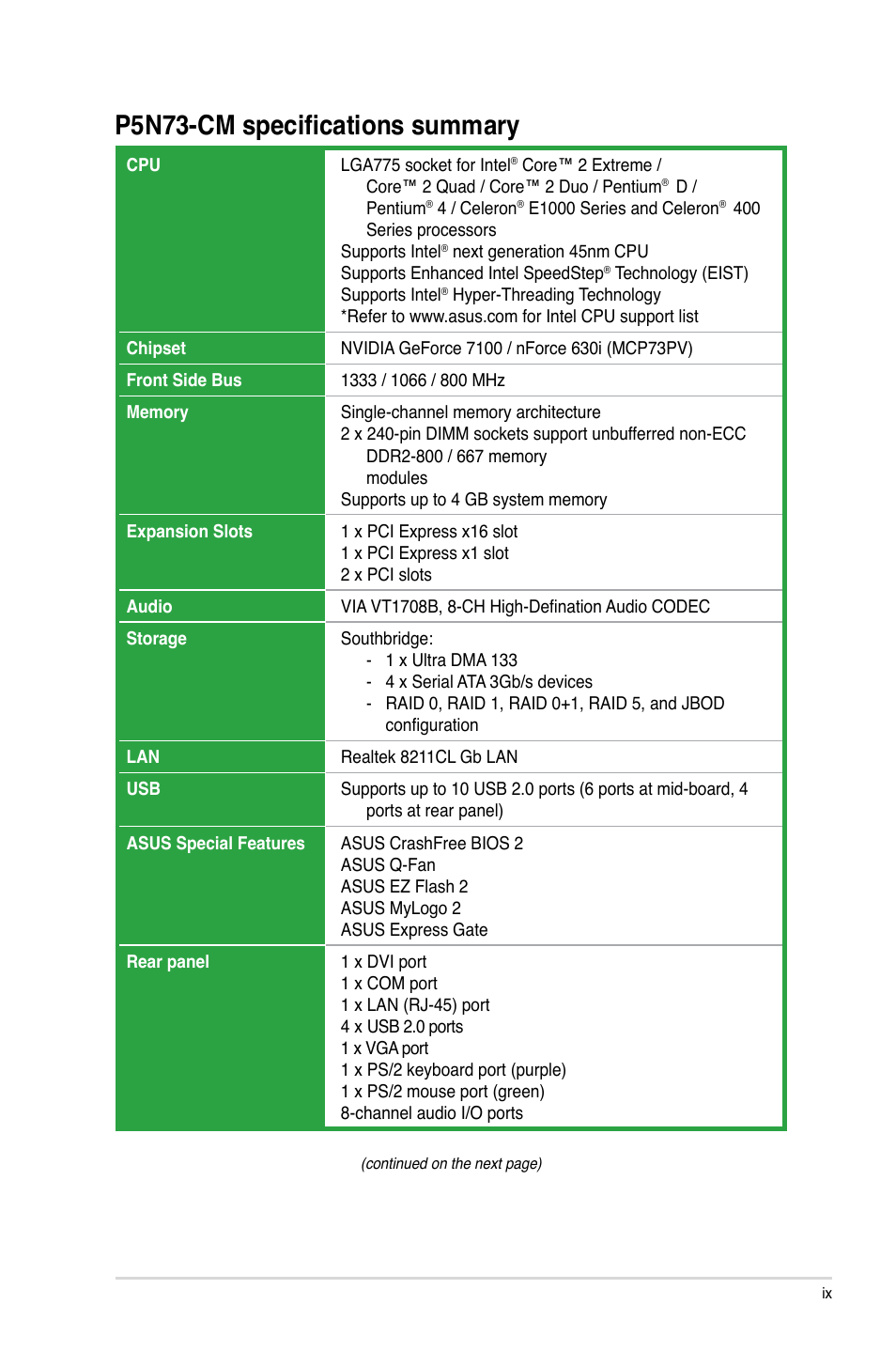 P5n73-cm specifications summary | Asus P5N73-CM User Manual | Page 9 / 64