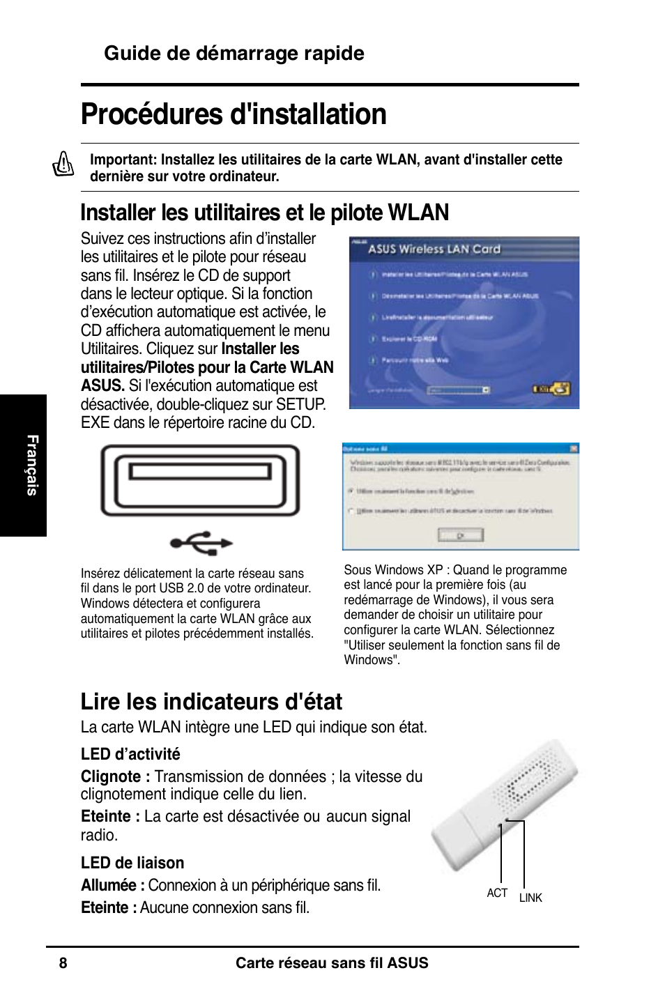 Procédures d'installation, Lire les indicateurs d'état, Installer les utilitaires et le pilote wlan | Guide de démarrage rapide | Asus WL-160N User Manual | Page 10 / 55