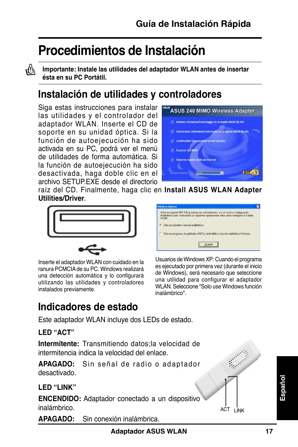 Procedimientos de instalación, Instalación de utilidades y controladores, Indicadores de estado | Guía de instalación rápida | Asus WL-160N User Manual | Page 19 / 55