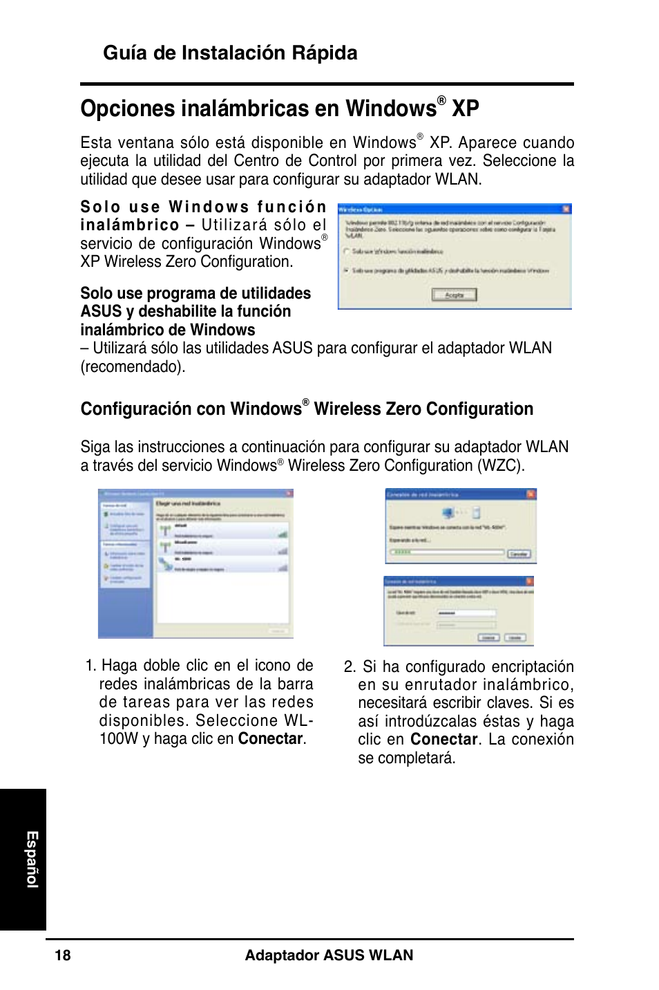 Opciones inalámbricas en windows, Guía de instalación rápida | Asus WL-160N User Manual | Page 20 / 55