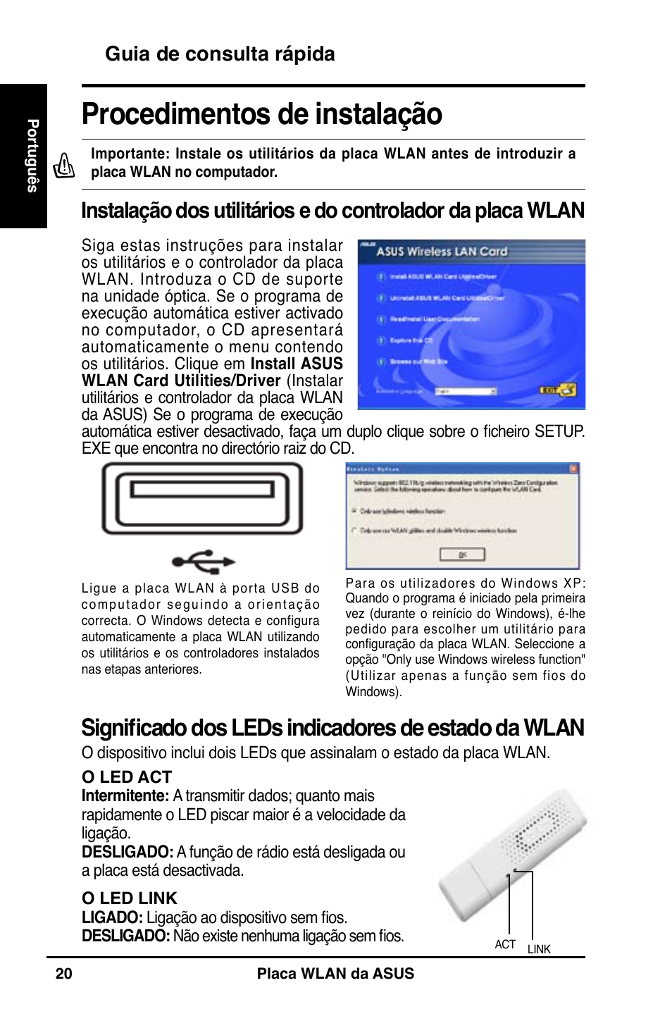 Procedimentos de instalação, Significado dos leds indicadores de estado da wlan, Guia de consulta rápida | Asus WL-160N User Manual | Page 22 / 55